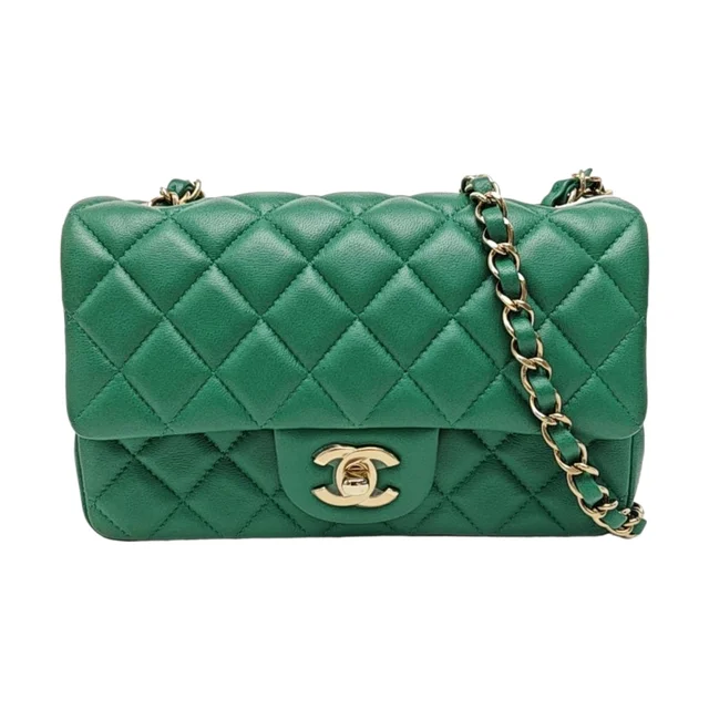 Chanel Classic Flap ميني كبير حقيبة, أخضر جلد الحمل