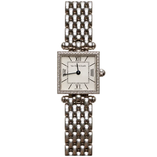 Van Cleef & Arpels Vintage-Quadratuhr, ref. 536942, Edelstahl, weißes Perlmuttzifferblatt; römische Ziffern