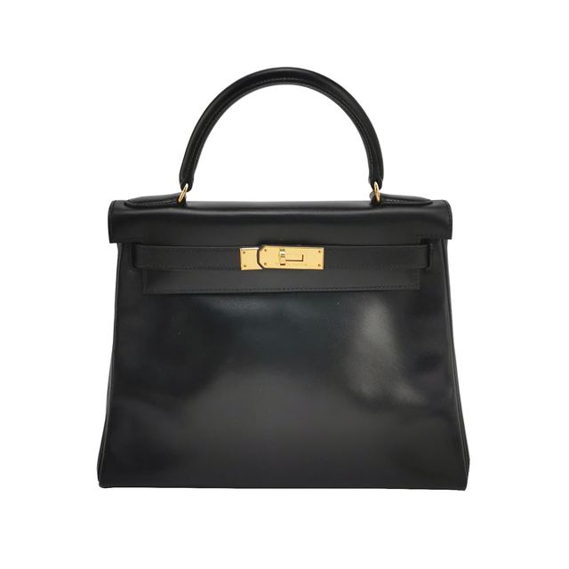 Hermès Kelly 28 Handtasche, Schwarz, Box-Kalbsleder