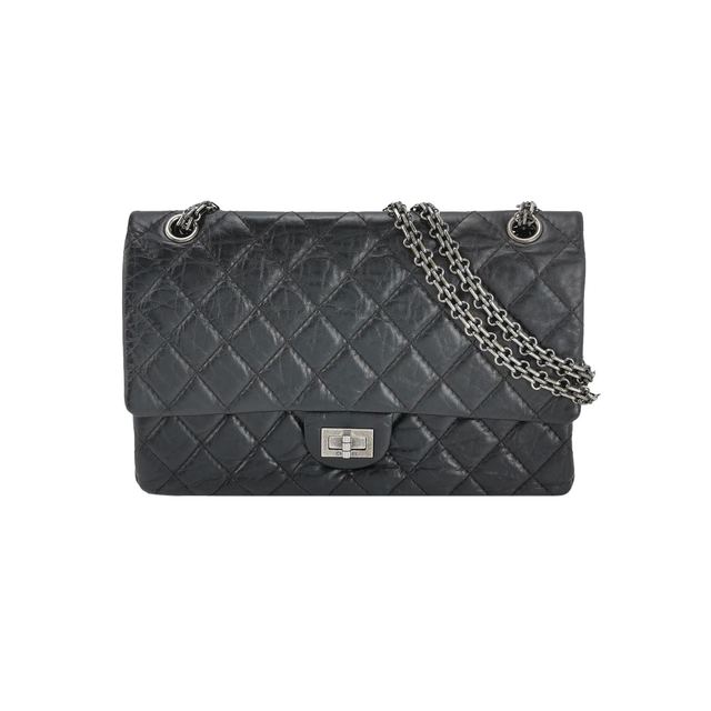 Chanel 2.55 Schultertasche, 28 cm, Grau, Leder