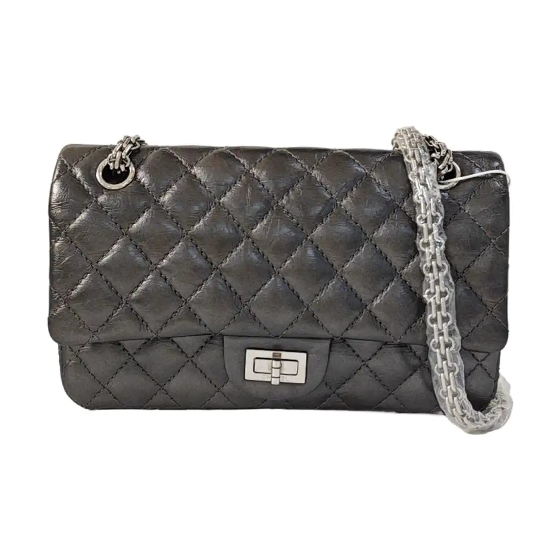 Chanel 2.55 sac porté épaule, 24 cm, gris, cuir, photographier 1