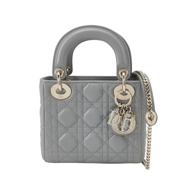 Dior Lady Dior Umhängetasche, 17 cm, Grau, Leder