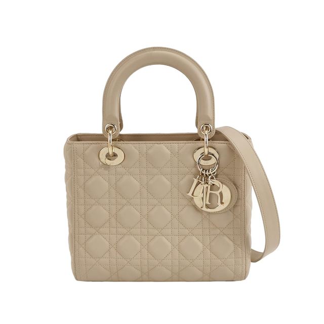 Dior Lady Dior Schultertasche, 24 cm, Beige, Leder