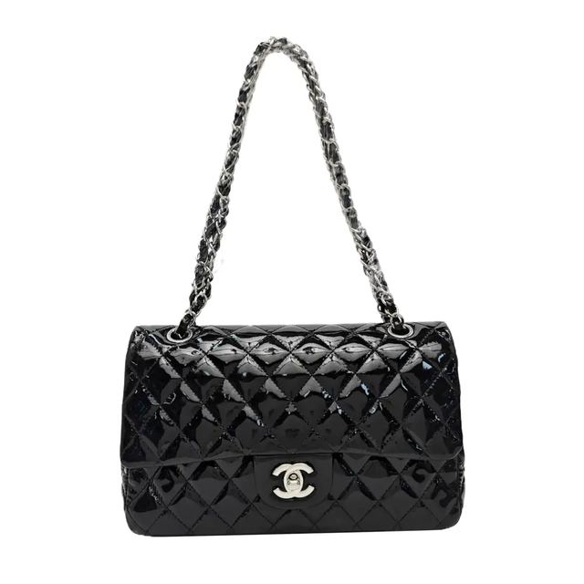 Chanel Classic Flap Schultertasche, 25.5 cm, Schwarz, Artikel 70795625, Lackleder