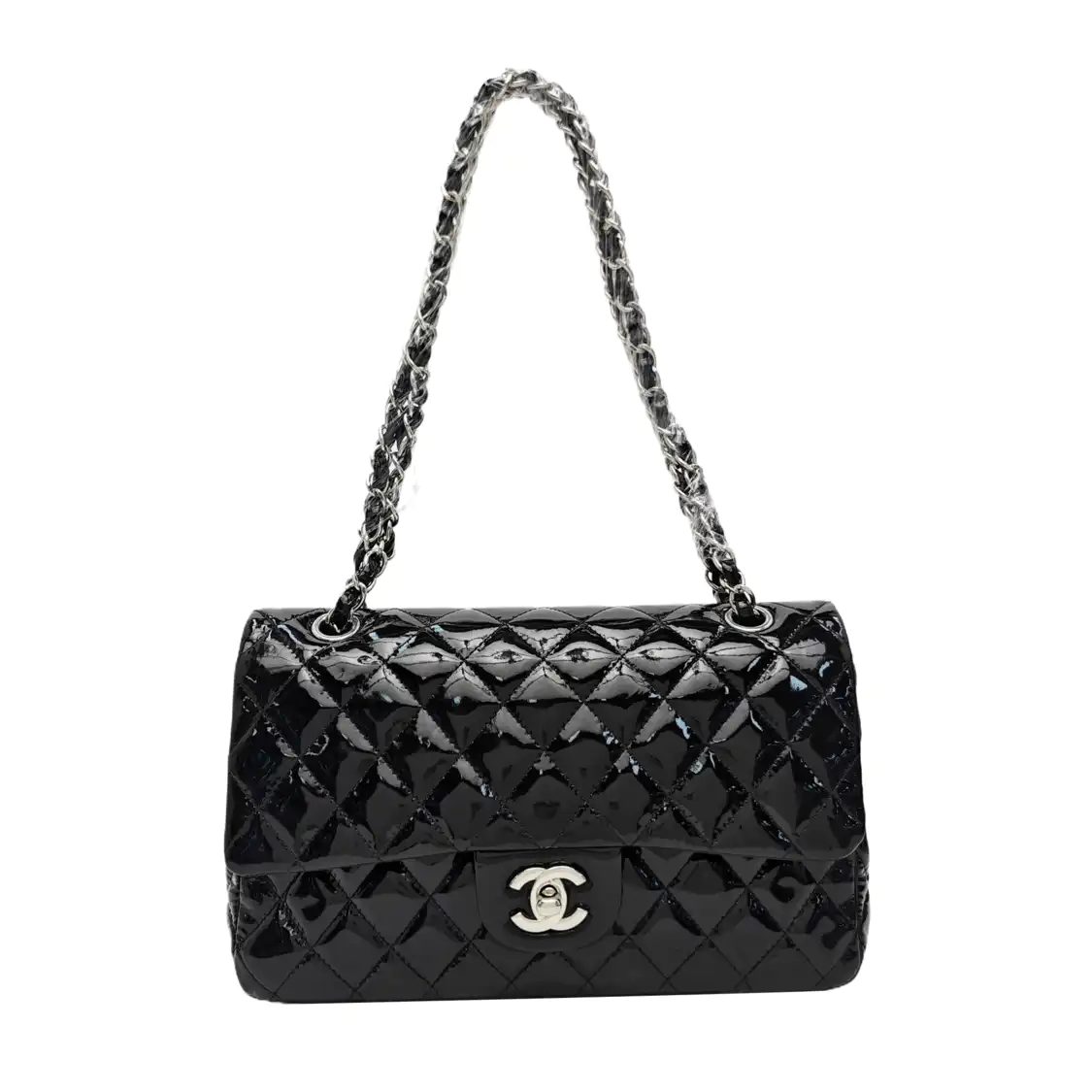 Chanel Classic Flap Schultertasche, 25.5 cm, Schwarz, Artikel 70795625, Lackleder, Fotografiere 1