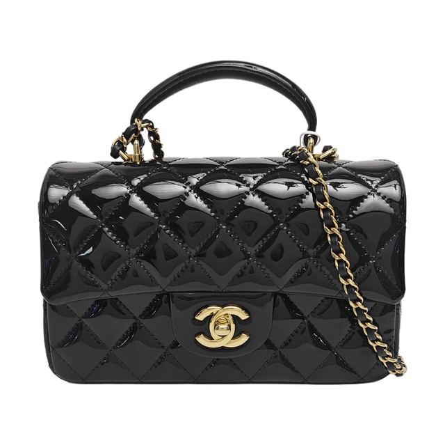 Chanel Classic Flap Handtasche, 20 cm, Schwarz, Lackleder