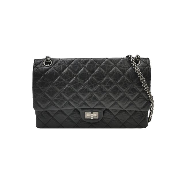 Chanel 2.55 Schultertasche, 27.5 cm, Schwarz, gewachstes Leder