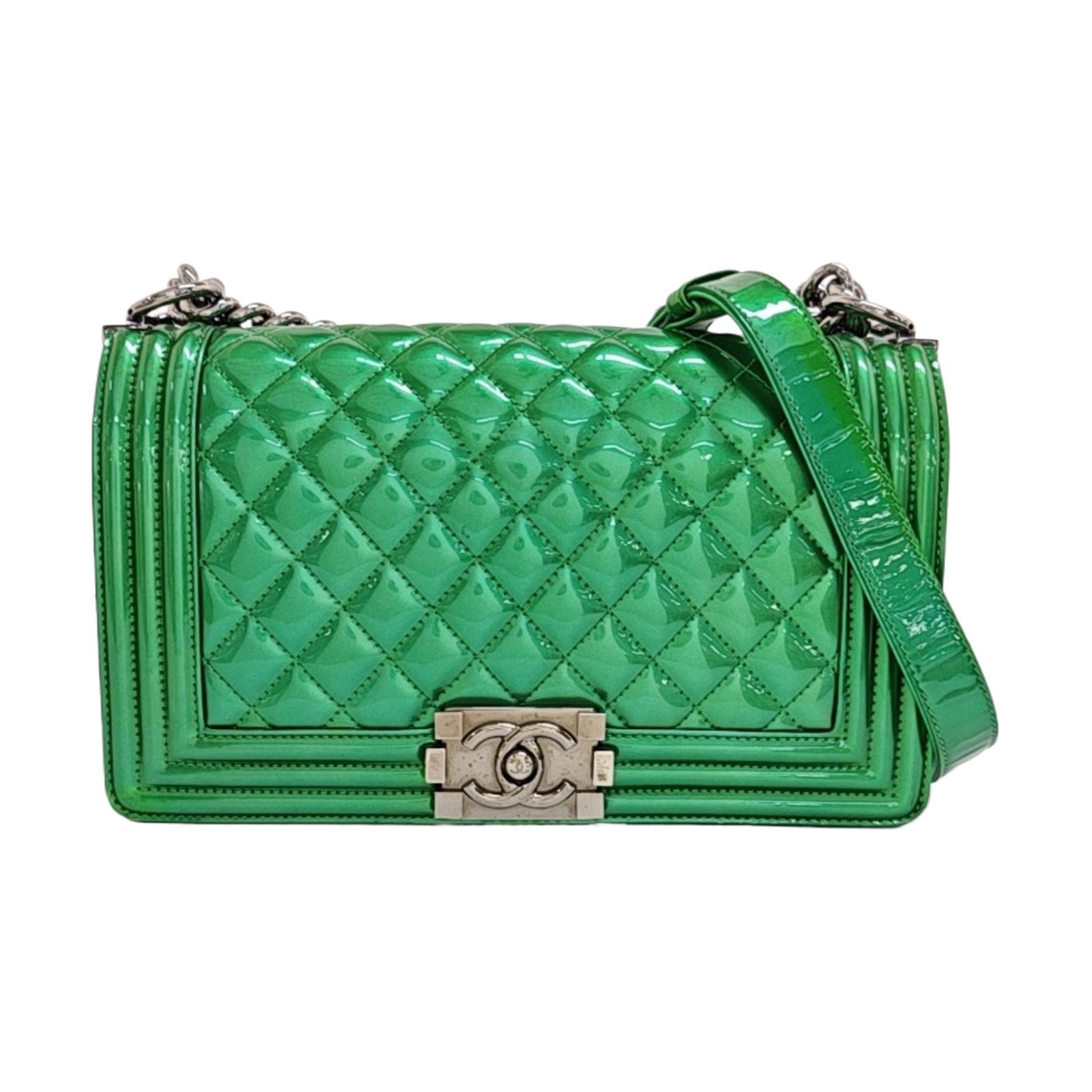 Chanel Boy حقيبة كتف, 25 cm, أخضر, جلد مطلي لامع, صورة 1