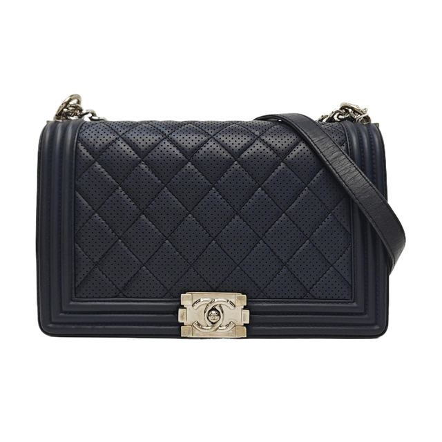 Chanel Boy Schultertasche, 28 cm, Blau, Artikel 934154471997, Lammleder