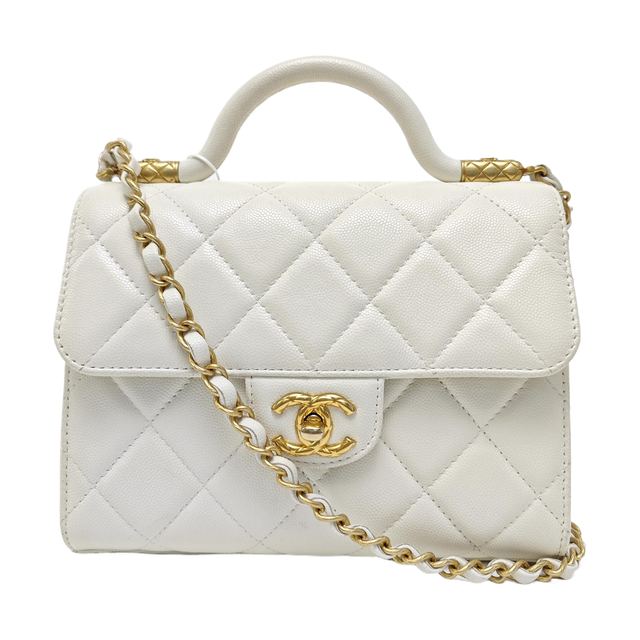 Chanel Mini Top Handle Flap Handtasche, 21 cm, Weiß, Leder