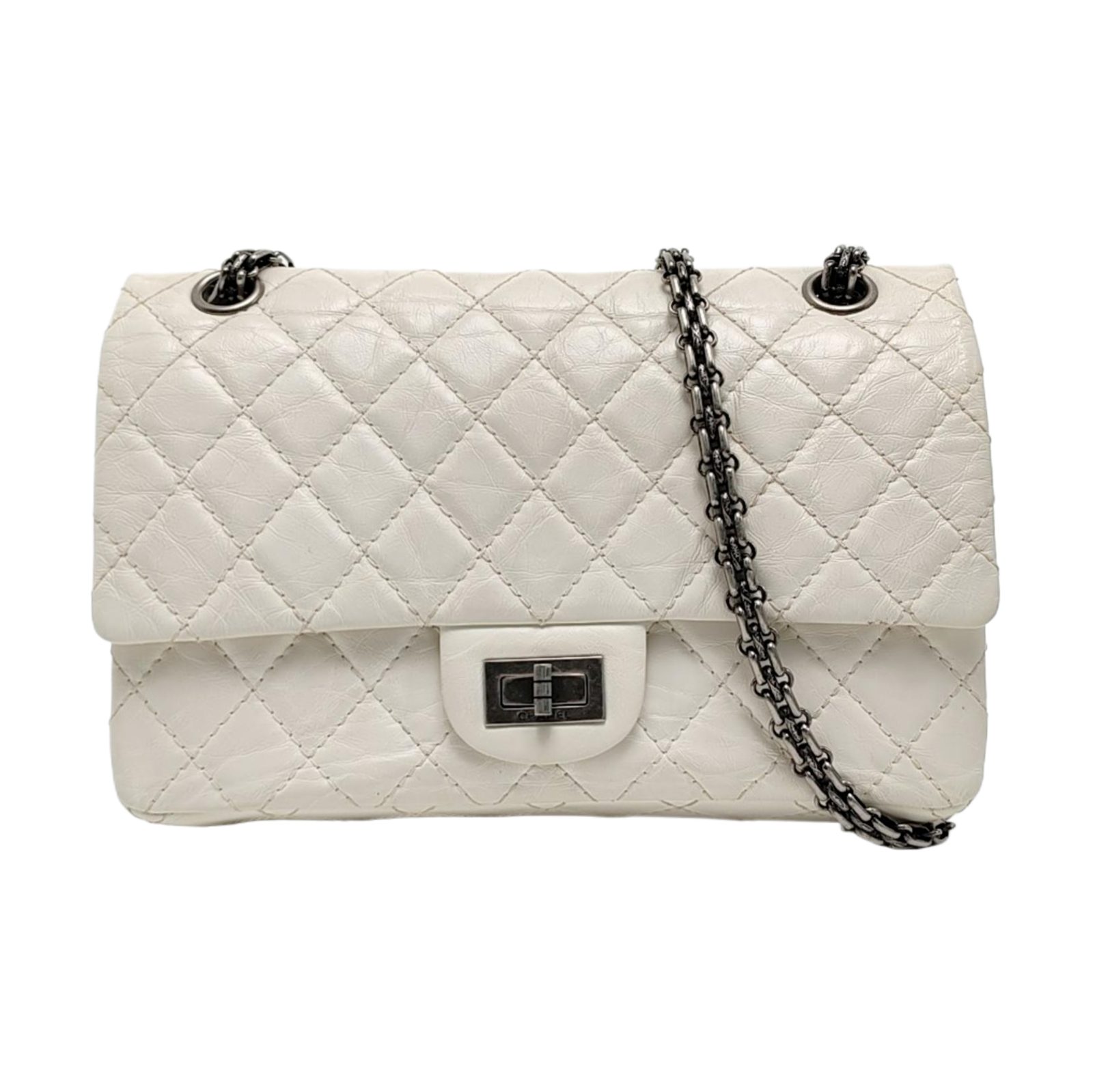 Chanel 2.55 Schultertasche, 24 cm, Weiß, Leder, Fotografiere 1