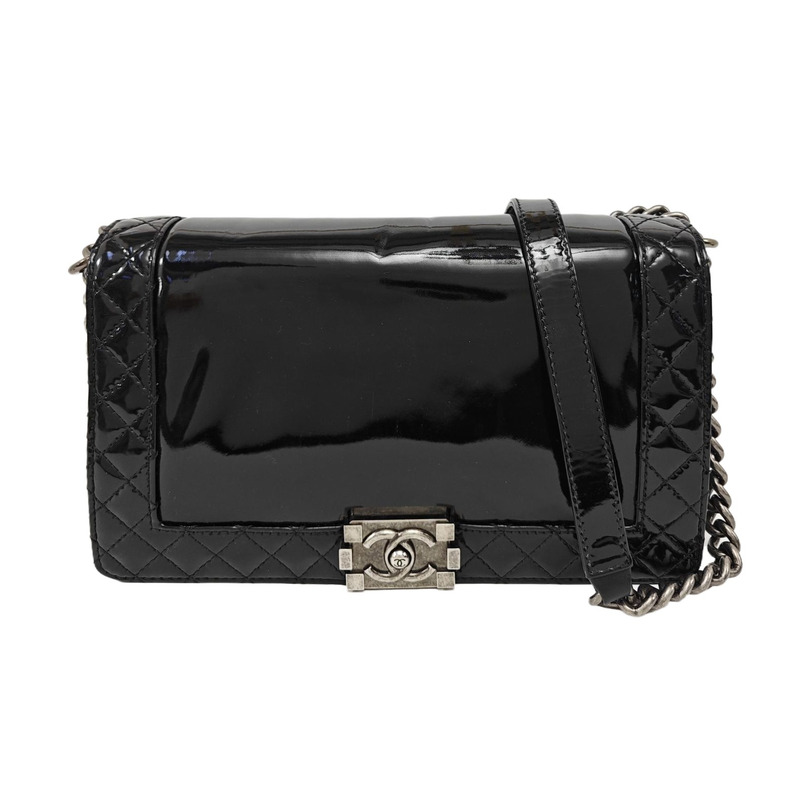 Chanel Boy حقيبة كتف, 28 cm, أسود, جلد مطلي لامع, صورة 1