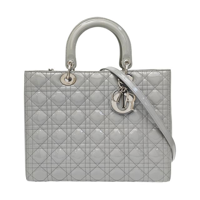 Dior Lady Dior Handtasche, 32 cm, Grau, Lackleder