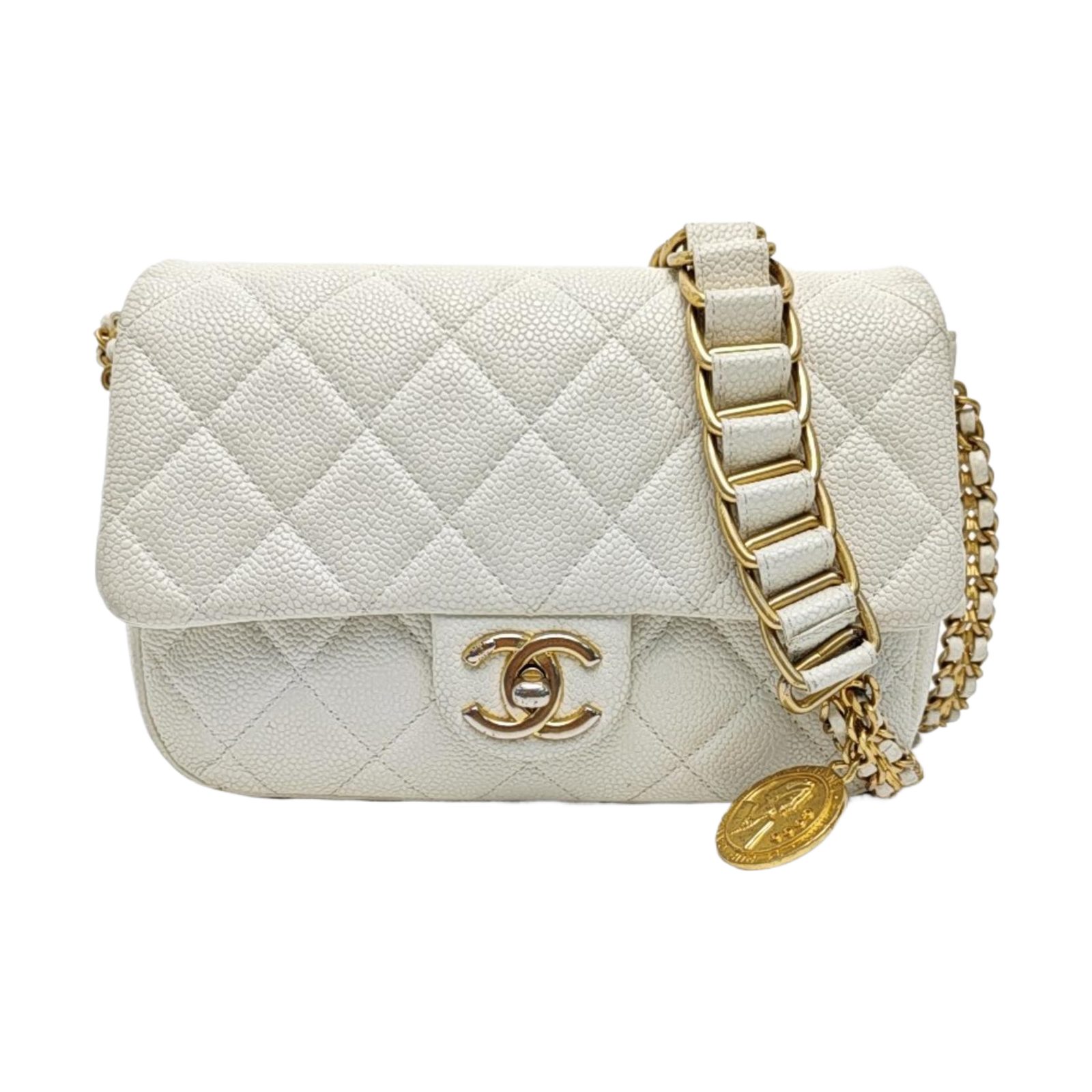 Chanel Classic Flap Schultertasche, 21 cm, Weiß, Artikel 993730184623, Leder, Fotografiere 1