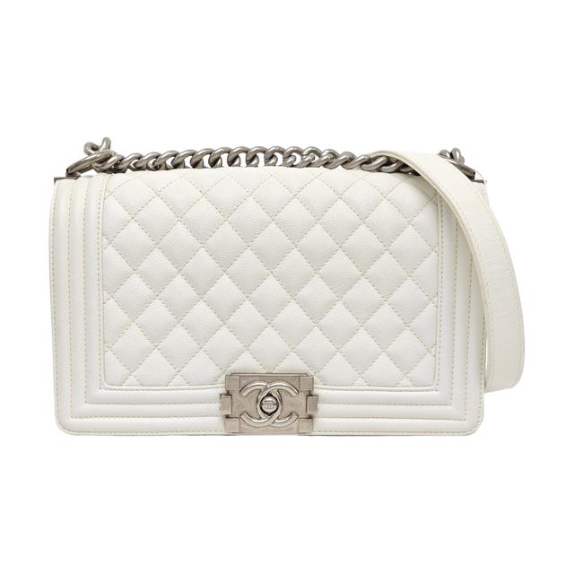 Chanel Boy Schultertasche, Weiß, Leder